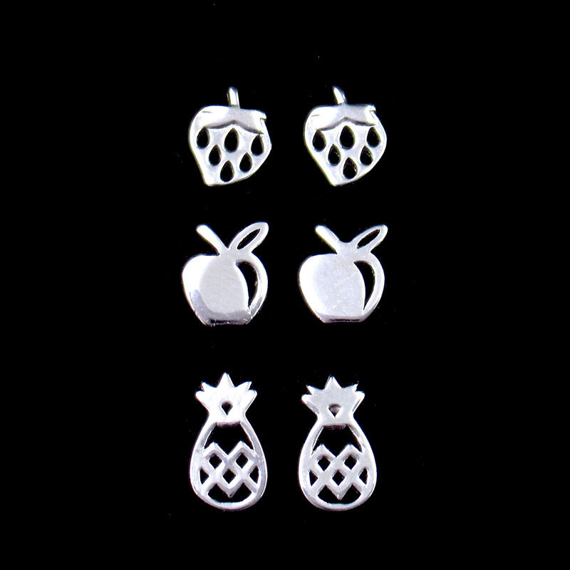 No Stone Plain Silver Earrings 3 In 1 Set Strawberry Apple Pineapple Fruit Jewelry