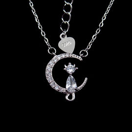 Cat On The Moon Romantic Silver Engagement Necklace For Young Lady Animal Shaped