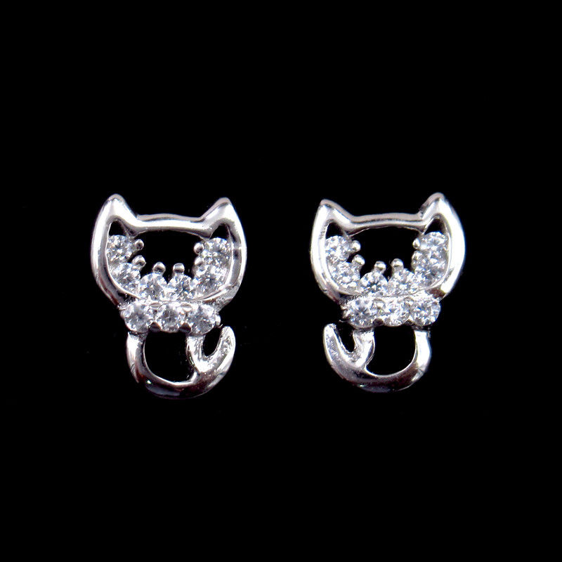 Sterling Silver 925 Jewelry Earring Hollow Cat Shaped Minimalist CZ Earrings